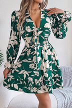 Floral Print Tie Front Deep V-Neck Smocked Waist Tiered Ruffle Mini Dress