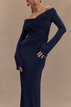 Off Shoulder Wrap Ruched Long Sleeve Sheer Sleeve Maxi Dress