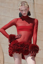 Mesh Long Sleeve Turtleneck Ruffled Tier Mini Skirt Two Piece Set