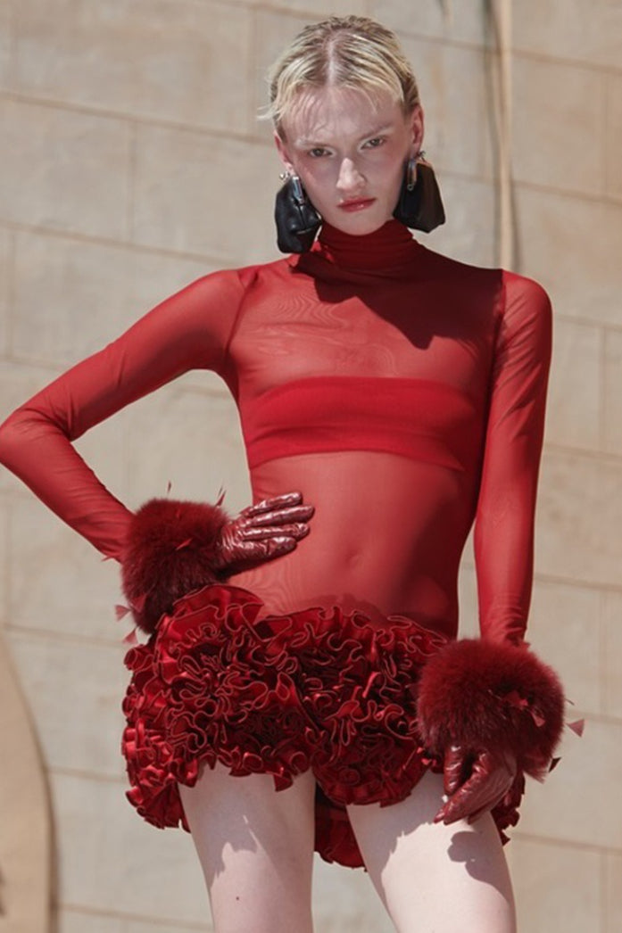 Mesh Long Sleeve Turtleneck Ruffled Tier Mini Skirt Two Piece Set