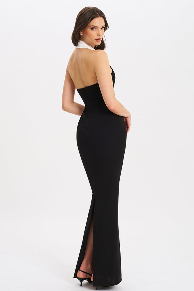 Halter Plunging V Tuxedo Lapel Button Front Bodycon Maxi Dress