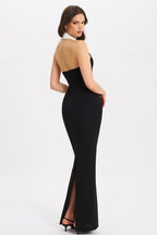 Halter Plunging V Tuxedo Lapel Button Front Bodycon Maxi Dress