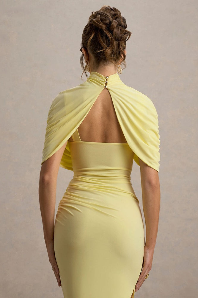 Mock Neck Ruched Crossover Shoulder Wrap Bodycon Midi Dress