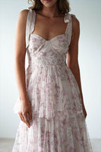 Pink Sweetheart Corset Bow Shoulder Strap Tiered Ruffle Maxi Dress
