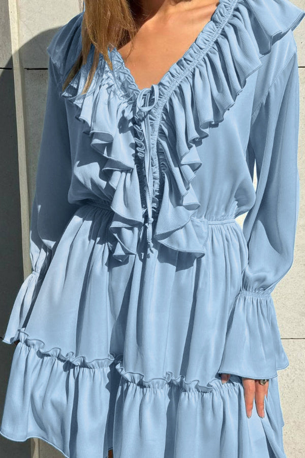 Solid Color V-neck Ruffled Ruched Long-sleeved Vacation Mini Dress