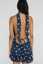 Polka Dot Cowl Neck Halter Backless Ruffle Hem Mini Dress