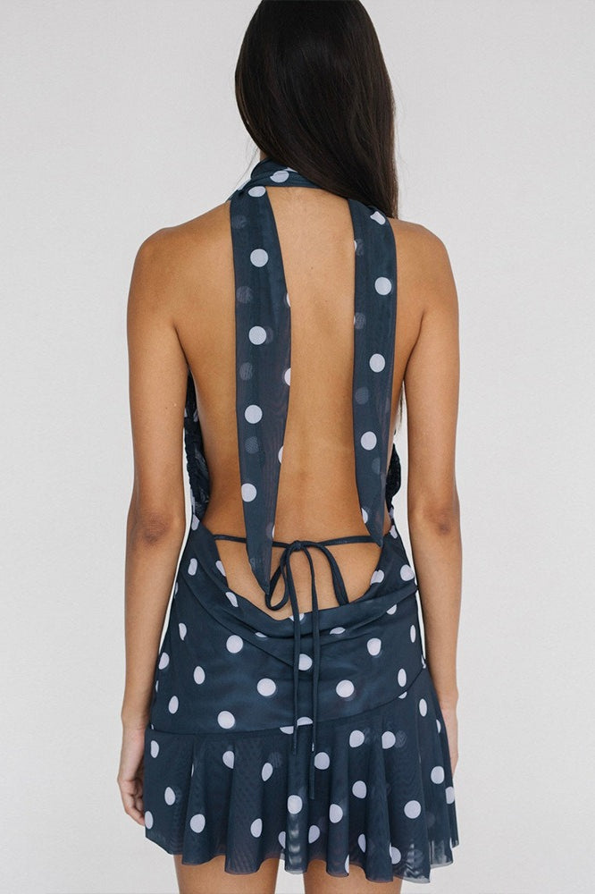 Polka Dot Cowl Neck Halter Backless Ruffle Hem Mini Dress