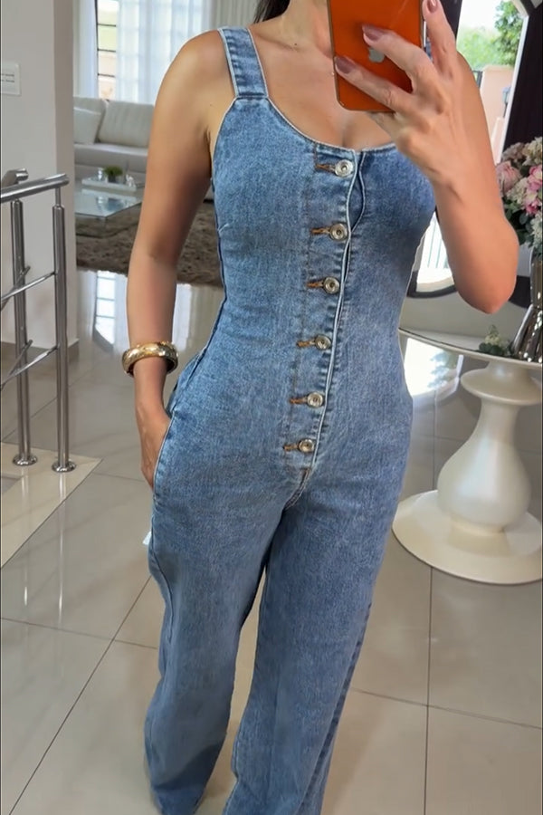 Heidi Denim Square Neck Button Back Smocked Pocket Flare Stretch Jumpsuit