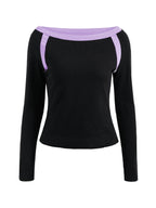 Contrast Color Off Shoulder Long Sleeve Tee
