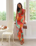 Clara'sHoliday V-Neck Floral PrintLace-Up Maxi Dress