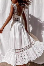 Lace Panel Square Neck Wide Strap Pleated Maxi Dress