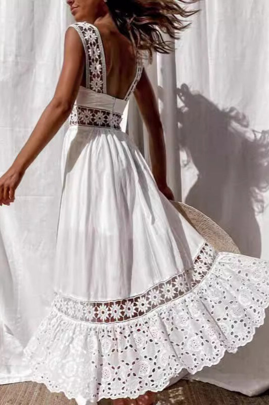 Lace Panel Square Neck Wide Strap Pleated Maxi Dress