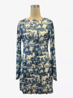 Vintage Print Backless Long Sleeve Mesh Mini Dress For Women 2026