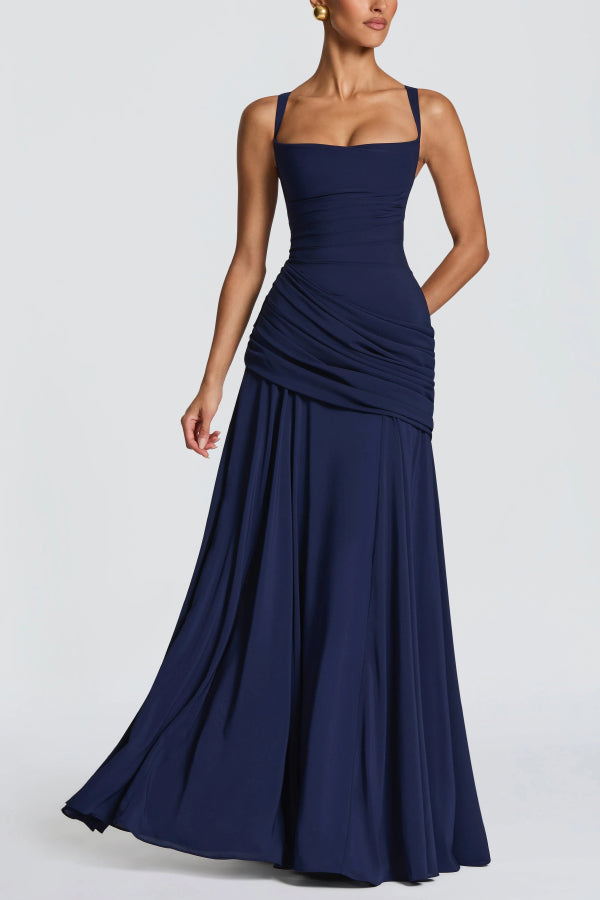 Stylish Spaghetti Strap Square Neck Slim-fit Elegant Pleated Maxi Dress