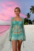 Sequin Crochet Halter Crop Top and Distressed Fringe Mini Skirt Set