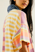 Denim Collar Striped Patchwork Polo Rugby Mini Dress