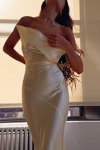 Satin Off Shoulder Cowl Neck Ruched Waist Bodycon Maxi Dress