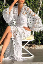 Floral Lace V-Neck Bell Sleeve High Slit Maxi Dress
