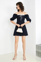 Square Neck Puff Sleeve Contrast Trim Tie Front A-Line Mini Dress