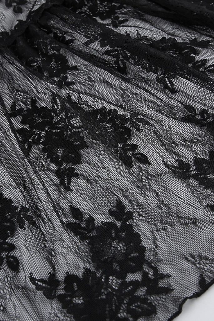 Black Square Neck Ruffle Trim Sheer Lace Ribbon Tie Maxi Dress