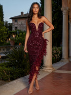 Burgundy Sequin Dresses Strapless Plunge Lace-up Back Feather Birthday Party Dresses
