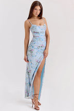 Floral Print Mesh Ruched Square Neck Spaghetti Strap High Split Maxi Dress