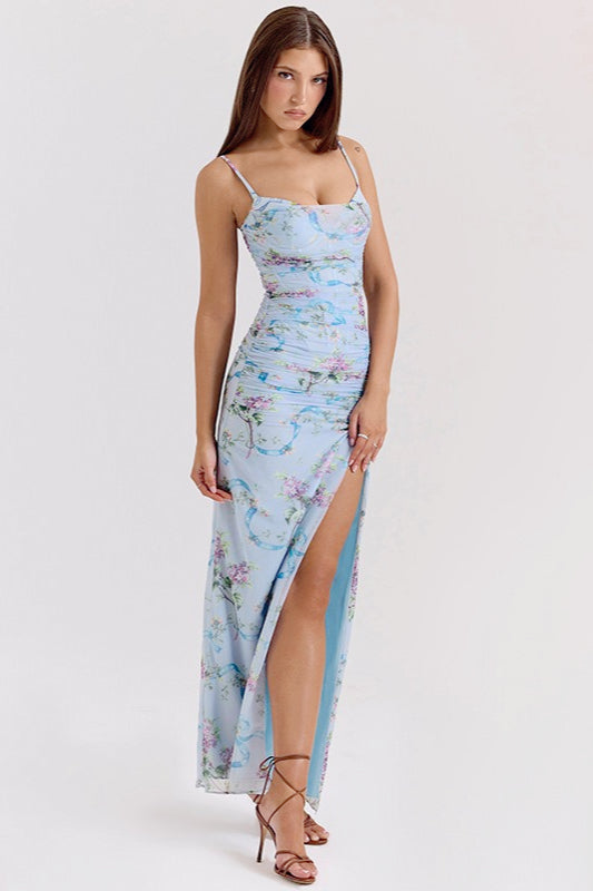 Floral Print Mesh Ruched Square Neck Spaghetti Strap High Split Maxi Dress