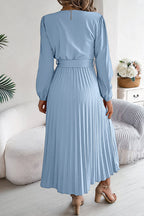 Deep V-Neck Bishop Sleeve Button Front Pleated Belted Midi Dress