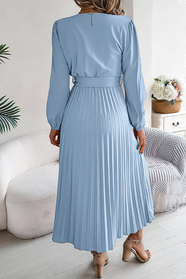 Deep V-Neck Bishop Sleeve Button Front Pleated Belted Midi Dress