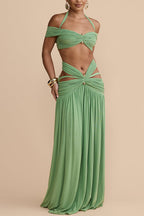 Martina Stretch Mesh Gold Metal Detail Gathered Cutout Waist Vacation Maxi Skirt
