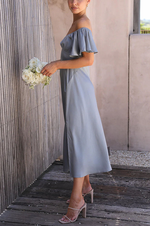 Satin Off Shoulder Flutter Sleeve Sweetheart Ruched Side Slit Midi Dress
