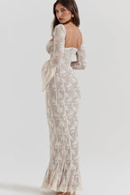 Lace Square Neck Milkmaid Tie Front Corset Seam Bell Sleeve Mermaid Maxi Dress