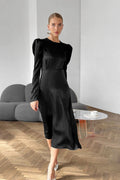 Puff Shoulder Gathered Waist Satin Bias Midi Dress