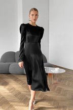 Puff Shoulder Gathered Waist Satin Bias Midi Dress
