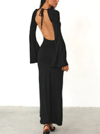 Solid Backless Trumpet Sleeve Maxi Dress