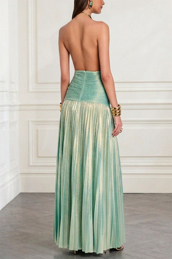 Faelina Metallic Pleated Fabric Metal Rings Halter Backless Slit Maxi Dress