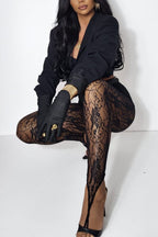 Chic Style Floral Lace See-through High Rise Elastic Waist Tapered Pants