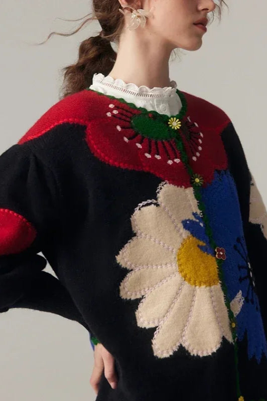 Vintage Floral Embroidered Knit Cardigan