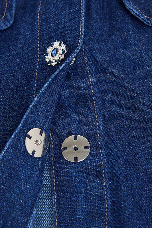 Rhinestone Collar Button Front Pleated Denim Mini Dress