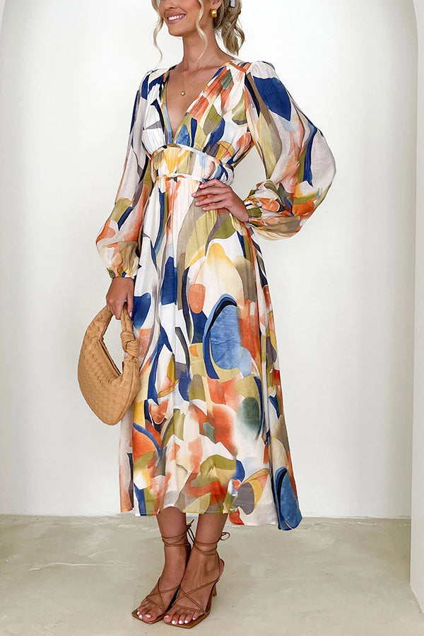 Abstract Watercolor Print Deep V-Neck Lantern Sleeve Smocked Waist Midi Dress
