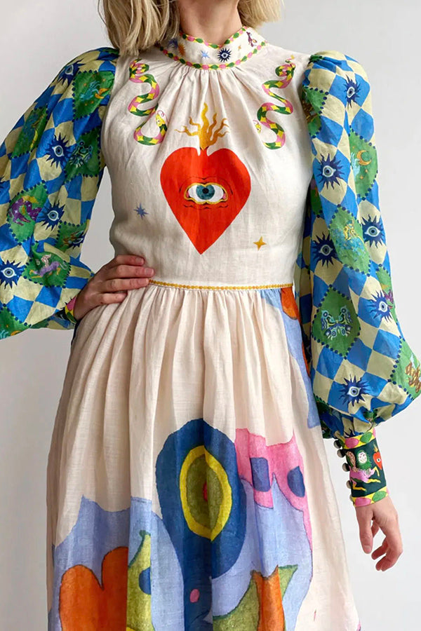 Mock Neck Lantern Sleeve Heart and Eye Graphic Print A-Line Maxi Dress