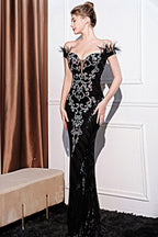 Sequin Embroidered Off Shoulder Feather Trim Mermaid Formal Gown