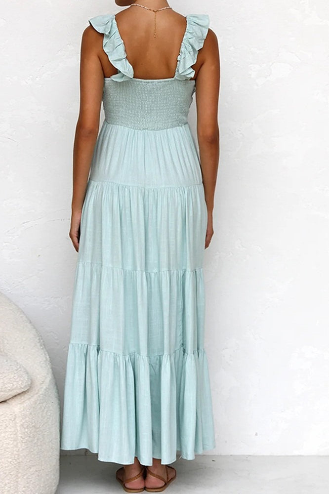 Deep V-Neck Ruffle Strap Tiered Maxi Dress