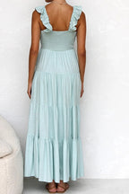 Deep V-Neck Ruffle Strap Tiered Maxi Dress