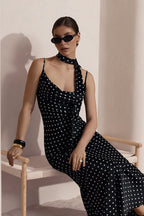 Polka Dot Cowl Neck Spaghetti Strap Slip Maxi Dress