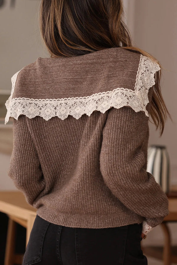Fashionable Lace-trimmed Sailor Collar Casual Knit Cardigan