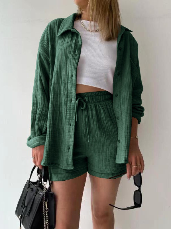 Long-sleeved Shirt And High-waisted Drawstring Shorts Casual Two-piece Set