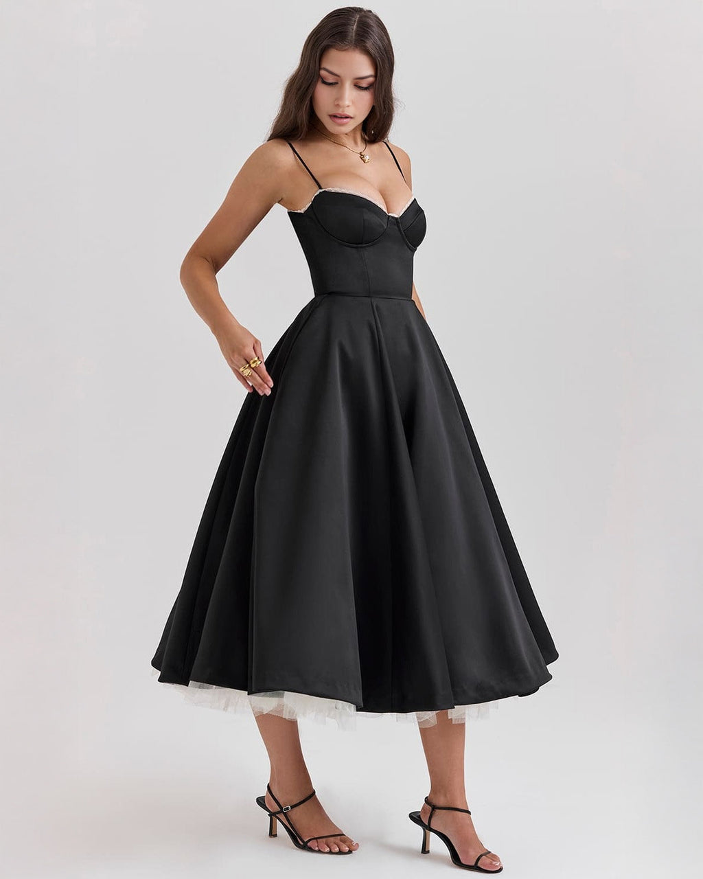 Lace Trim Corset Bustier Spaghetti Strap Pleated Pocket Tea Length Dress