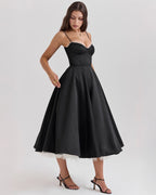 Lace Trim Corset Bustier Spaghetti Strap Pleated Pocket Tea Length Dress