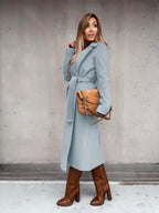 Solid Color Lapel Long Sleeve Woolen Simple Tie Coats